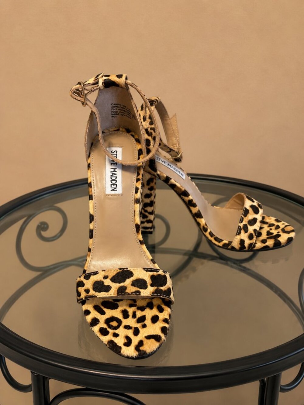STEVE MADDEN Carrson Leopard Calf Hair Ankle Strap Heels- Women's Size 8